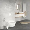 A modern bathroom with a wall-mounted toilet, sink, and radiator. Produktbild-Vorschau