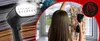 A collage showing a portable garment steamer and a woman using it to steam a dress. Produktbild-Vorschau