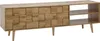 A wooden media console with a textured drawer front and open shelving on the right, set against a white background. Produktbild-Vorschau