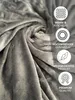 A close-up of a gray, soft fabric, likely a blanket or bedsheet, with overlaid circular icons and text highlighting product features. Produktbild-Vorschau