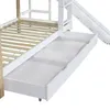 Close-up view of a white bunk bed with a pull-out drawer and wooden slats. Náhled obrázku produktu