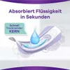 A sanitary pad with a water droplet graphic and text highlighting its absorbency. Produktbild-Vorschau