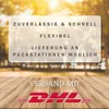 A marketing image with text overlayed on a blurred background of trees and sunlight, with a wooden surface and DHL logo at the bottom. Produktbild-Vorschau