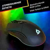 A gaming mouse with RGB lighting is shown with promotional text overlays. Produktbild-Vorschau