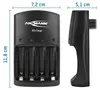 A product shot of a battery charger with dimensions indicated. Produktbild-Vorschau