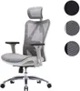 A grey ergonomic office chair with a white frame and silver base is shown against a white background. Close-up insets show the mesh texture of the chair. Produktbild-Vorschau