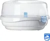 A white and clear baby bottle sterilizer with blue accents, shown from the front. Náhľad obrázku produktu