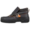 A side view of a black work boot with orange stitching and an orange accent on the buckle strap. Produktbild-Vorschau