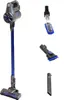 A cordless stick vacuum cleaner and its attachments on a white background. Produktbild-Vorschau