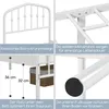 Collage of images showing details of a white metal bed frame. Produktbild-Vorschau