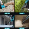 A collage of four images showing a teal leaf blower being used in different scenarios: clearing leaves, trimming grass, blowing snow, and clearing dust. Each image has a German label indicating the application. Produktbild-Vorschau