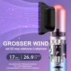 A cutaway view of a hairdryer showing its internal components and a visualization of strong airflow. Produktbild-Vorschau