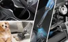 Collage of images showing a handheld vacuum cleaner being used in different settings: a car interior, a carpeted floor, and inside a computer case, as well as a dog on a couch with pet hair. Produktbild-Vorschau