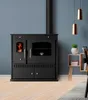 A black wood-burning stove with a glass door and a chimney is shown in a room with blue walls and a wooden floor. Anteprima dell’immagine prodotto