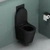 A modern black wall-mounted toilet with the lid open, set against a teal wall and a light gray floor. A toilet paper holder with a roll of toilet paper is visible on the right wall. Produktbild-Vorschau