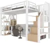 A white loft bed with integrated stairs and shelving, shown with a sofa underneath. Náhled obrázku produktu