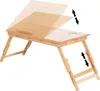 A wooden laptop table with adjustable legs and a tilting top, shown on a white background with arrows indicating adjustability. Podgląd zdjęcia produktu