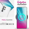 Collage of images showing a clear phone case, its precise cutouts, and a phone being wirelessly charged. Podgląd zdjęcia produktu