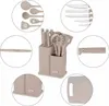 A collage of images showing a kitchen utensil set, knives, and a cutting board. Produktbild-Vorschau
