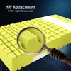 A close-up of a yellow foam mattress with a magnified view of its structure. The background is a starry night sky, suggesting a serene sleeping environment. Produktbild-Vorschau