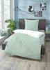 A bedroom scene with a bed made with mint and white bedding, a plant, and framed pictures on the wall. Produktbild-Vorschau