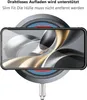 A smartphone is placed on a wireless charger, with text indicating wireless charging is supported and the case does not need to be removed. Produktbild-Vorschau