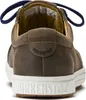 The back view of a brown Birkenstock shoe with white soles. Produktbild-Vorschau