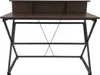 A dark brown wooden desk with a black metal frame, shown from the front against a white background. Produktbild-Vorschau