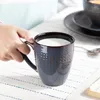 A hand holding a blue mug filled with milk on a white tablecloth with blue stripes. Voir les images du produit