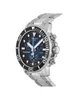 A Tissot Seastar chronograph watch with a blue dial and stainless steel bracelet, shown from a side angle against a white background. Produktbild-Vorschau