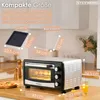 A mini oven is shown on a kitchen counter with accessories and dimensions indicated by text overlays. Produktbild-Vorschau