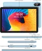 A light blue tablet is shown from the front and back, with detailed diagrams of its ports and buttons. Produktbild-Vorschau