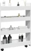 A white four-tier storage cart filled with various bathroom or cosmetic items. Voir les images du produit