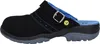 A side view of a black safety clog with blue lining and a gray sole. Produktbild-Vorschau