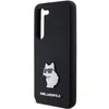 A black phone case with a white cat design and brand name. Produktbild-Vorschau