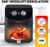 A black air fryer with chicken wings inside, showing hot air circulation, next to a marketing graphic with product features. Produktbild-Vorschau