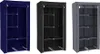 Three portable wardrobes are shown side-by-side, each in a different color: navy blue, black, and gray. They are open, revealing shelves and a hanging rod. Náhled obrázku produktu