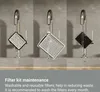 Three images of filters being rinsed under a faucet, with text below describing filter maintenance. Produktbild-Vorschau