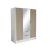 A white wardrobe with wooden slatted doors and a mirrored center panel, presented against a white background. Produktbild-Vorschau
