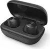 A pair of black true wireless earbuds in their open charging case. Produktbild-Vorschau