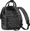 A black backpack with a white abstract pattern, shown from the back with straps visible. Produktbild-Vorschau