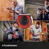 Collage of four images showing a man using a red and black cordless hammer drill in different settings, with a close-up of a dial on the drill. Produktbild-Vorschau