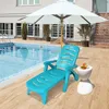 A blue chaise lounge chair sits next to a swimming pool on a wooden deck, with a large white umbrella providing shade. Produktbild-Vorschau