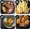 Collage of four images showing different food items prepared in an air fryer: roast beef with potatoes and tomatoes, french fries, salmon with asparagus and lemon, and roasted chicken pieces. Produktbild-Vorschau
