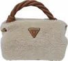 A beige fuzzy handbag with a braided brown handle and a gold Guess logo. Produktbild-Vorschau
