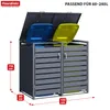 A grey metal bin enclosure with two compartments, each holding a blue and yellow trash can respectively. Dimensions are indicated with red markers and text. Náhled obrázku produktu