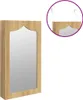 A wooden jewelry cabinet with a mirror is shown against a white background. A small inset image shows how the cabinet can be hung over a door. Produktbild-Vorschau