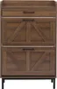A front view of a brown wooden shoe cabinet with two flip-out compartments and a drawer. Podgląd zdjęcia produktu