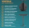 A collage showing the features and a physical representation of a foldable outdoor bar table. Produktbild-Vorschau