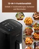 A black air fryer is shown with various food items displayed in hexagonal frames around it, illustrating its 13-in-1 functionality. Produktbild-Vorschau